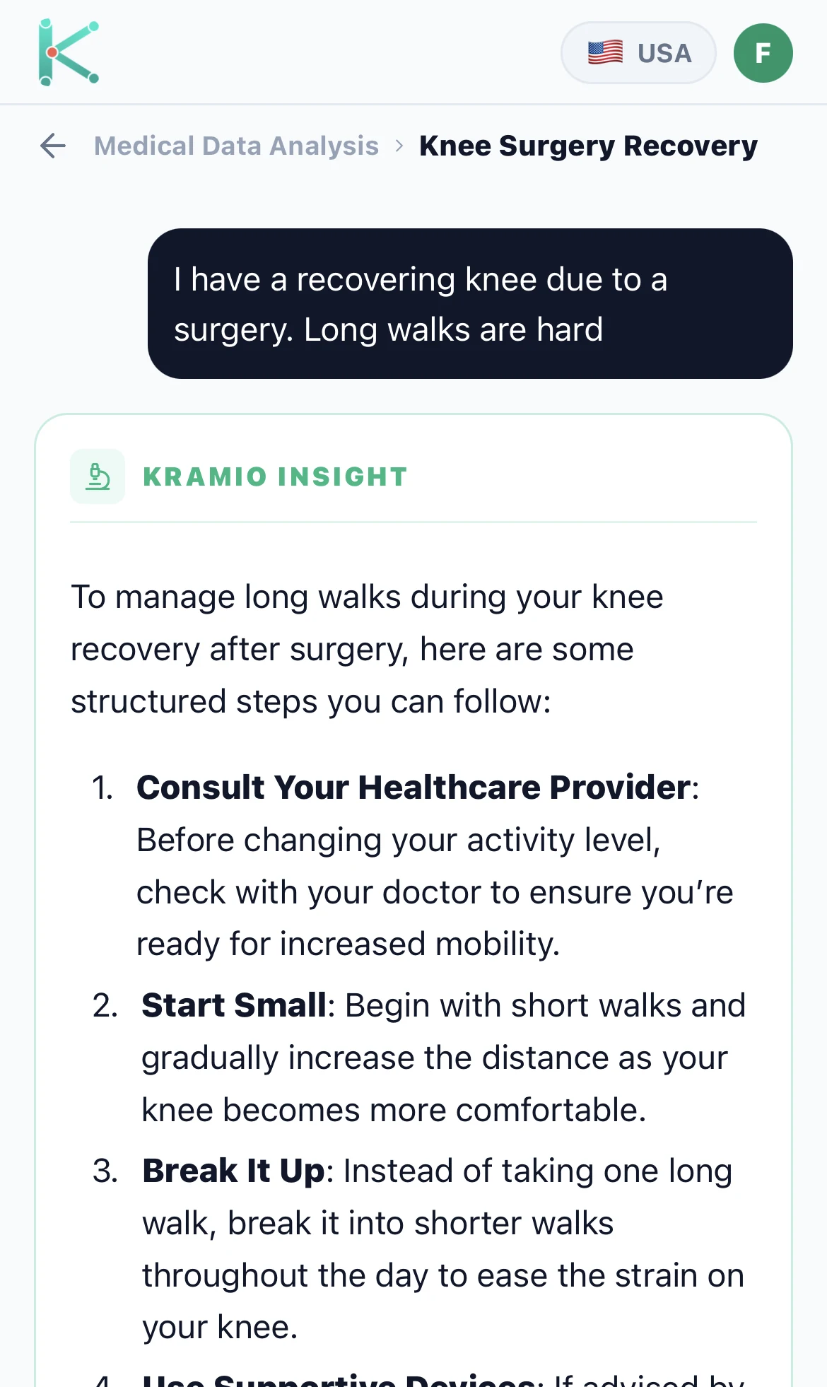 Kramio Medical Data Analysis screen: the user says they have a recovering knee from surgery and long walks are hard, and Kramio replies with structured recovery steps